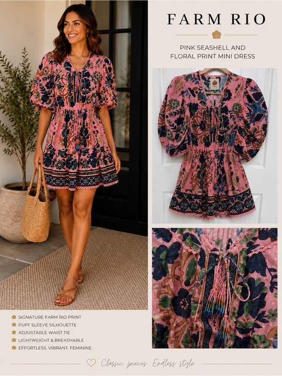 FARM Rio Dresses & Skirts - FARM Rio Pink Seashell & Floral Print Mini Dress Size Large